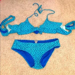 Blue and turquoise bikini barley worn